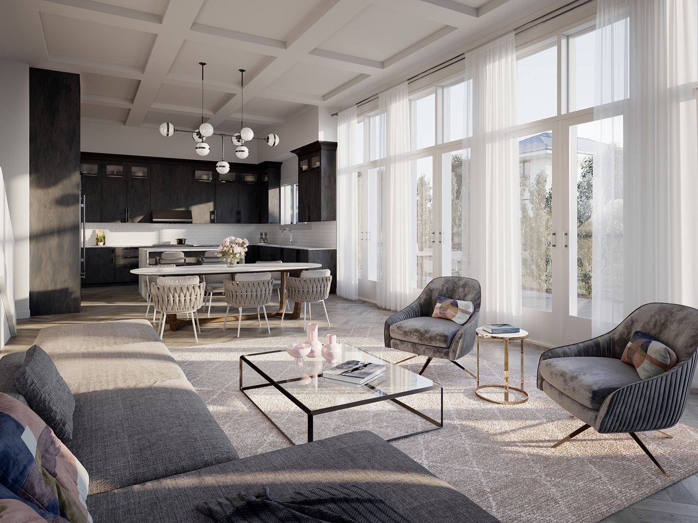 Kitchen and great room interior rendering