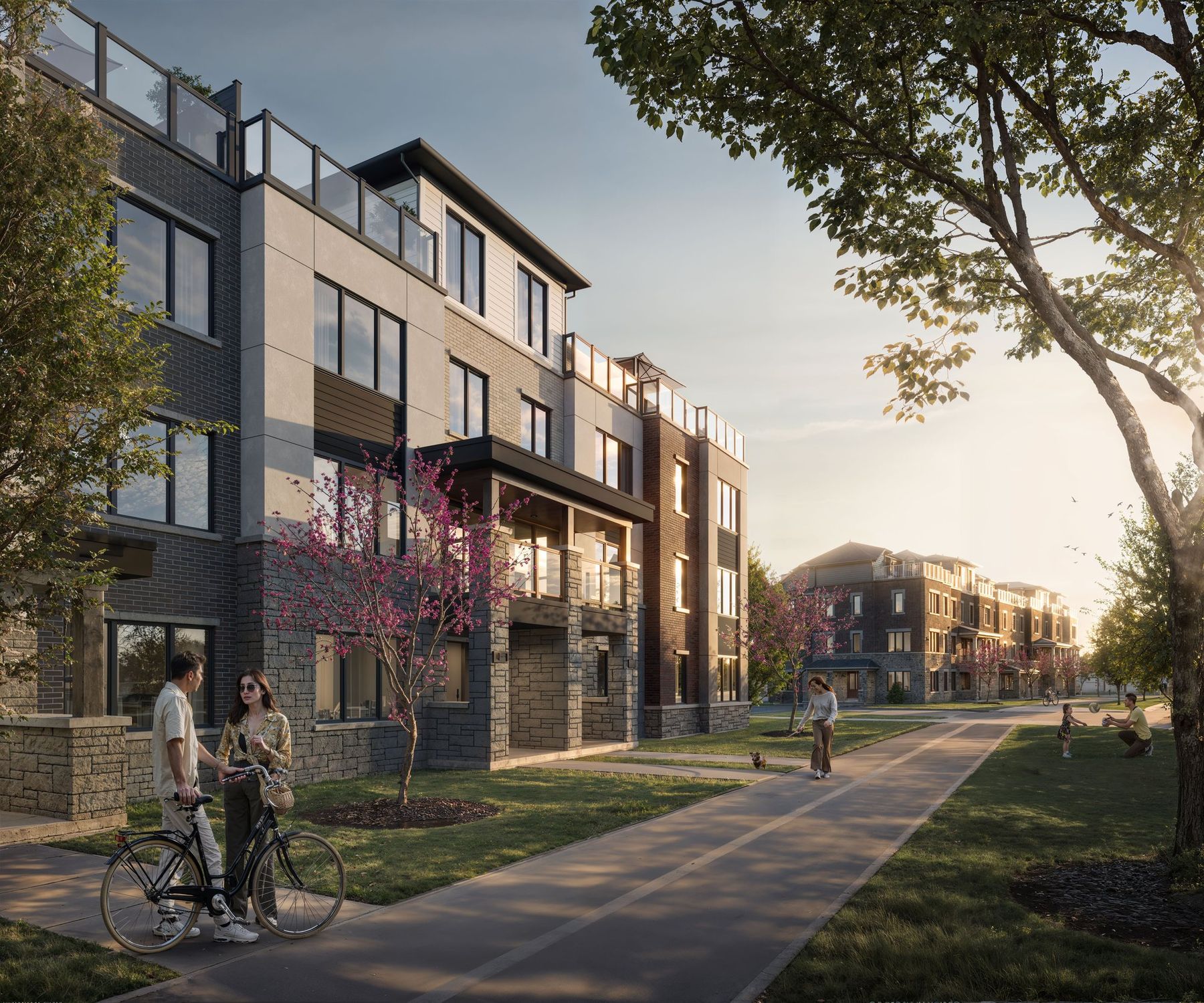 Golden hour streetscape with townhomes rendering