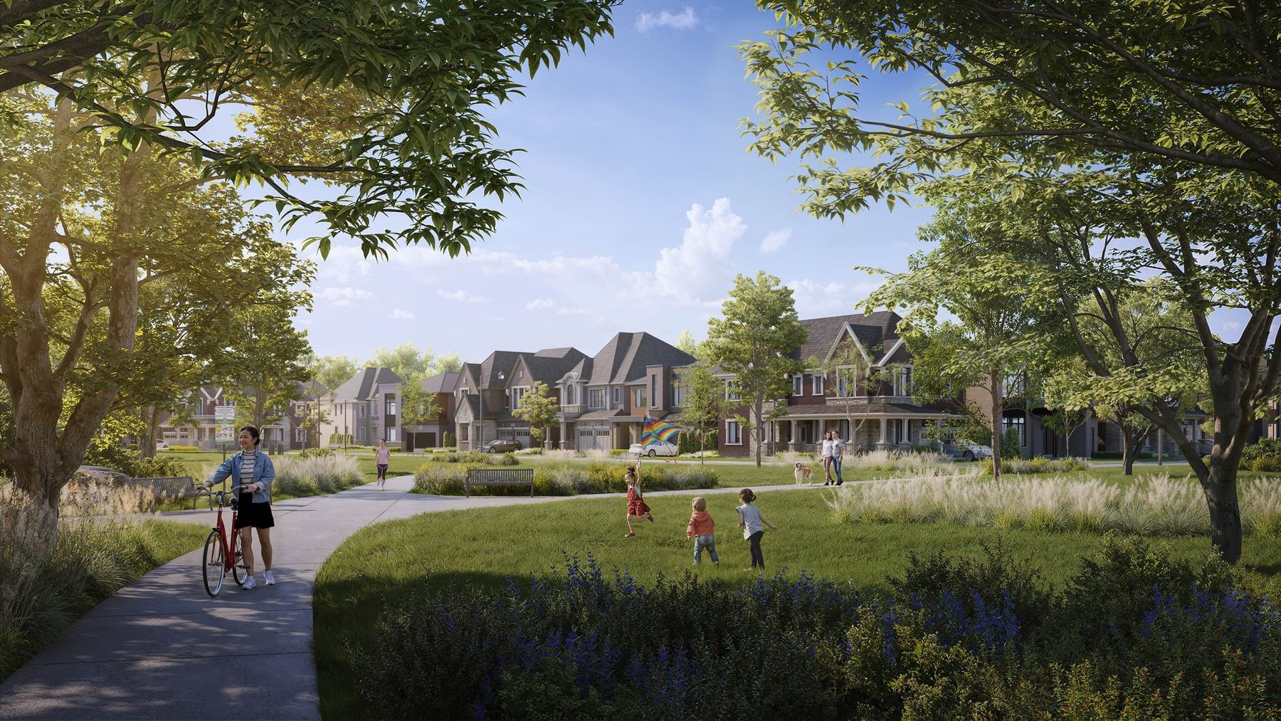 Neighbourhood park and trail in summer rendering